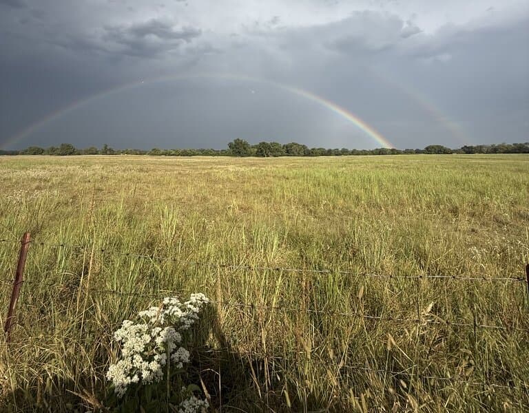 Double rainbow over pasture at the Rodeo Road place near Durant, Oklahoma